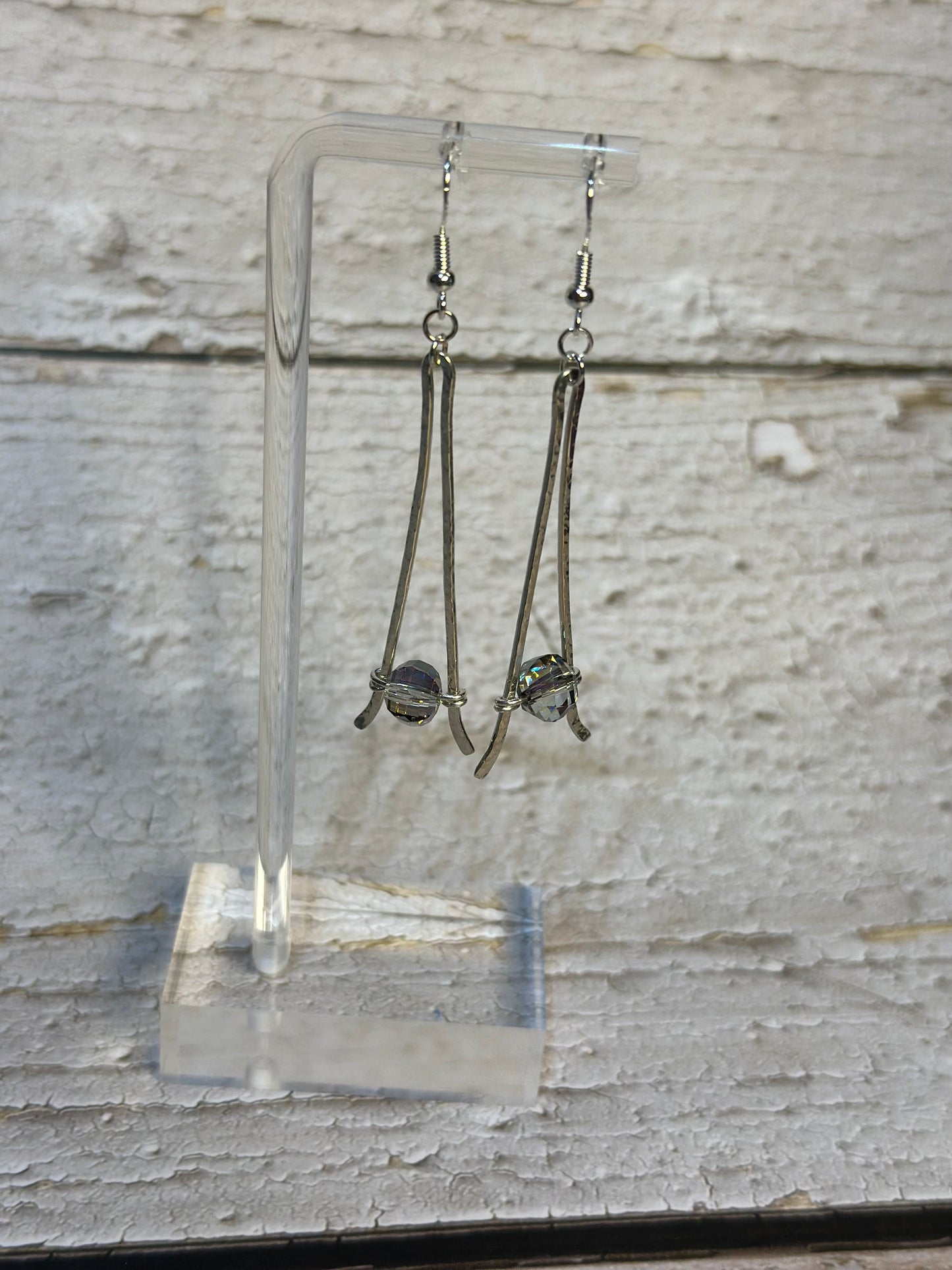 Glass Beaded Long Hammered Sterling Silver 925 Dangle Earrings