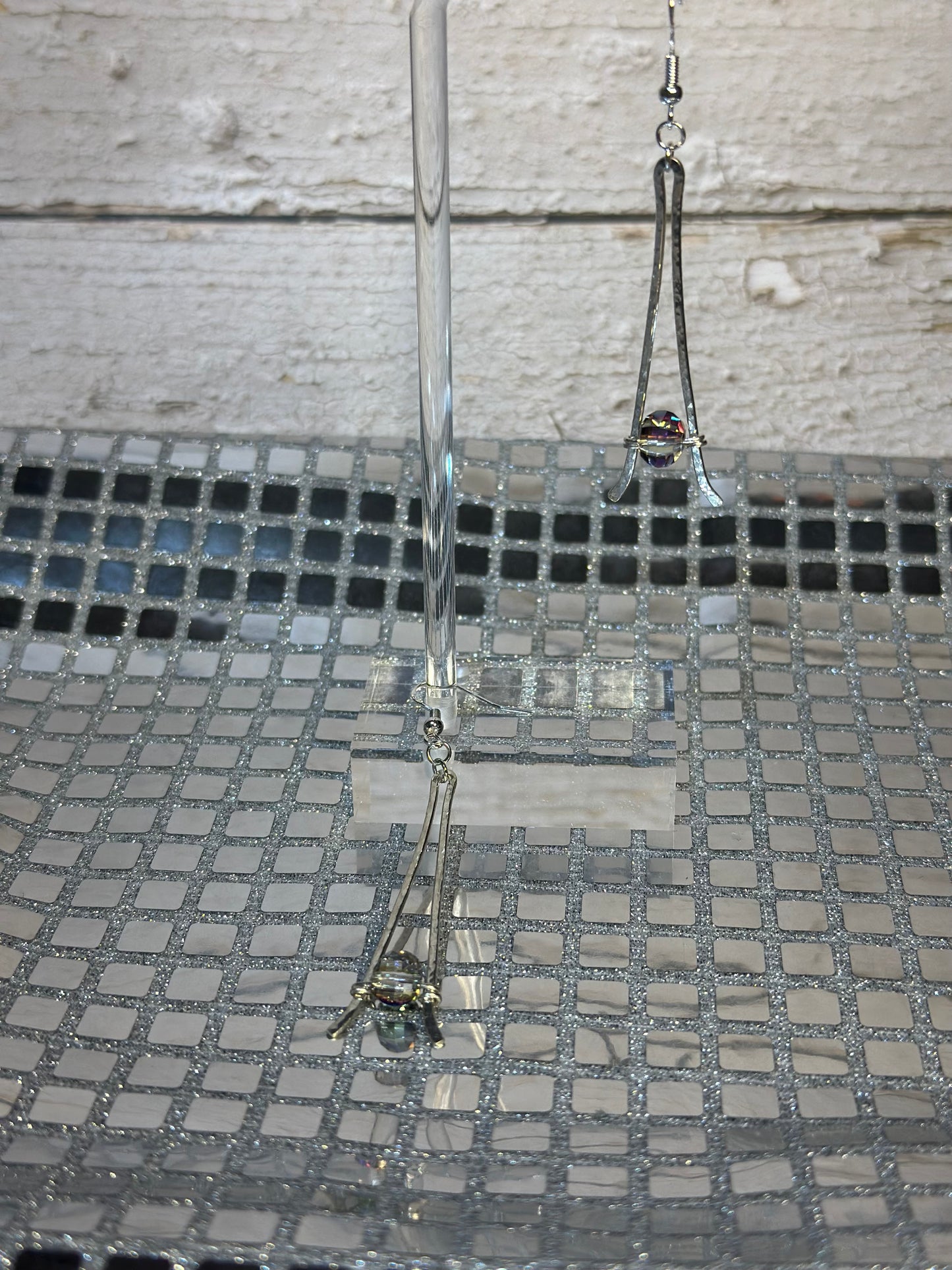 Glass Beaded Long Hammered Sterling Silver 925 Dangle Earrings