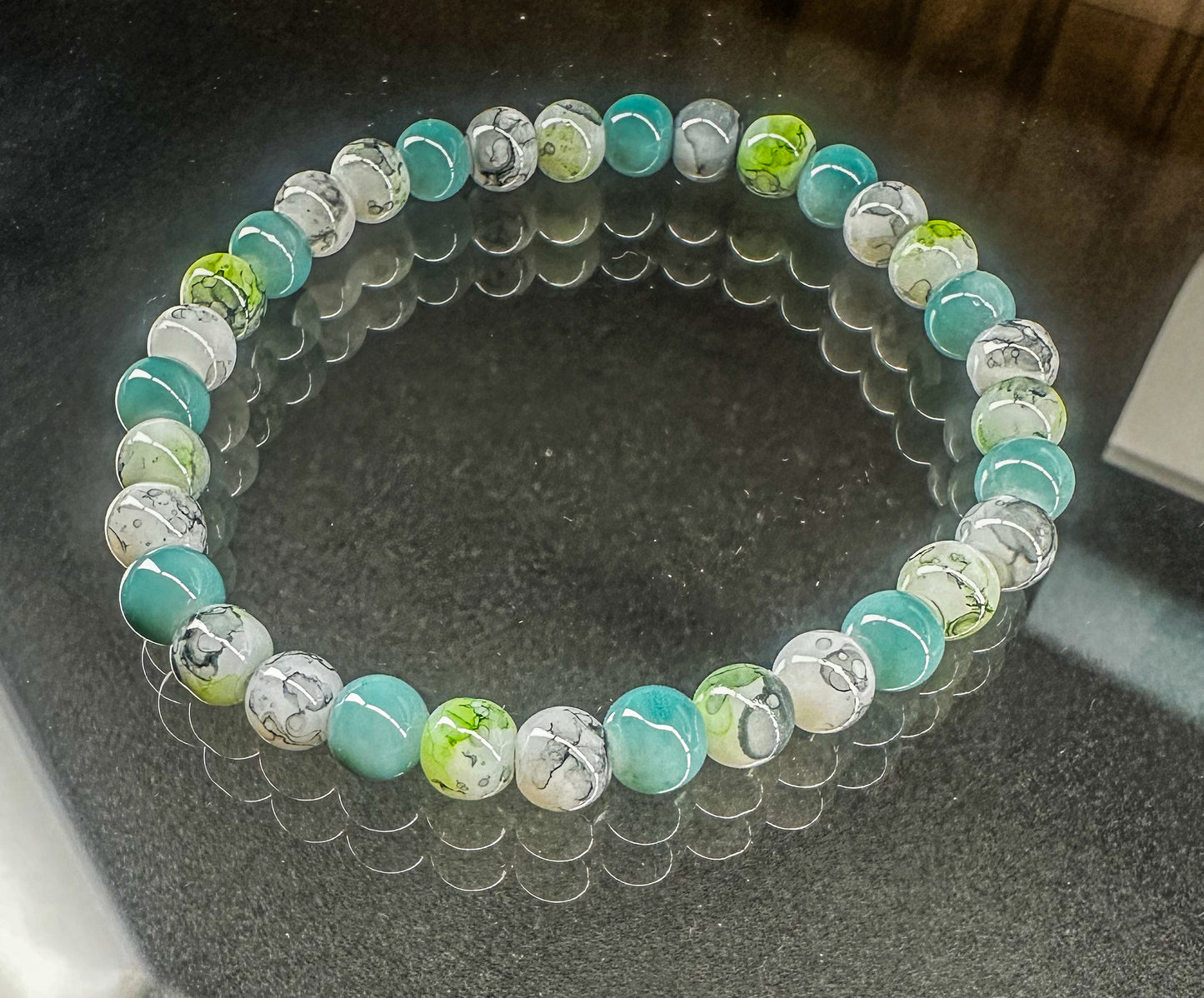 Blue Grey and Light Green Glass Beaded Bracelet