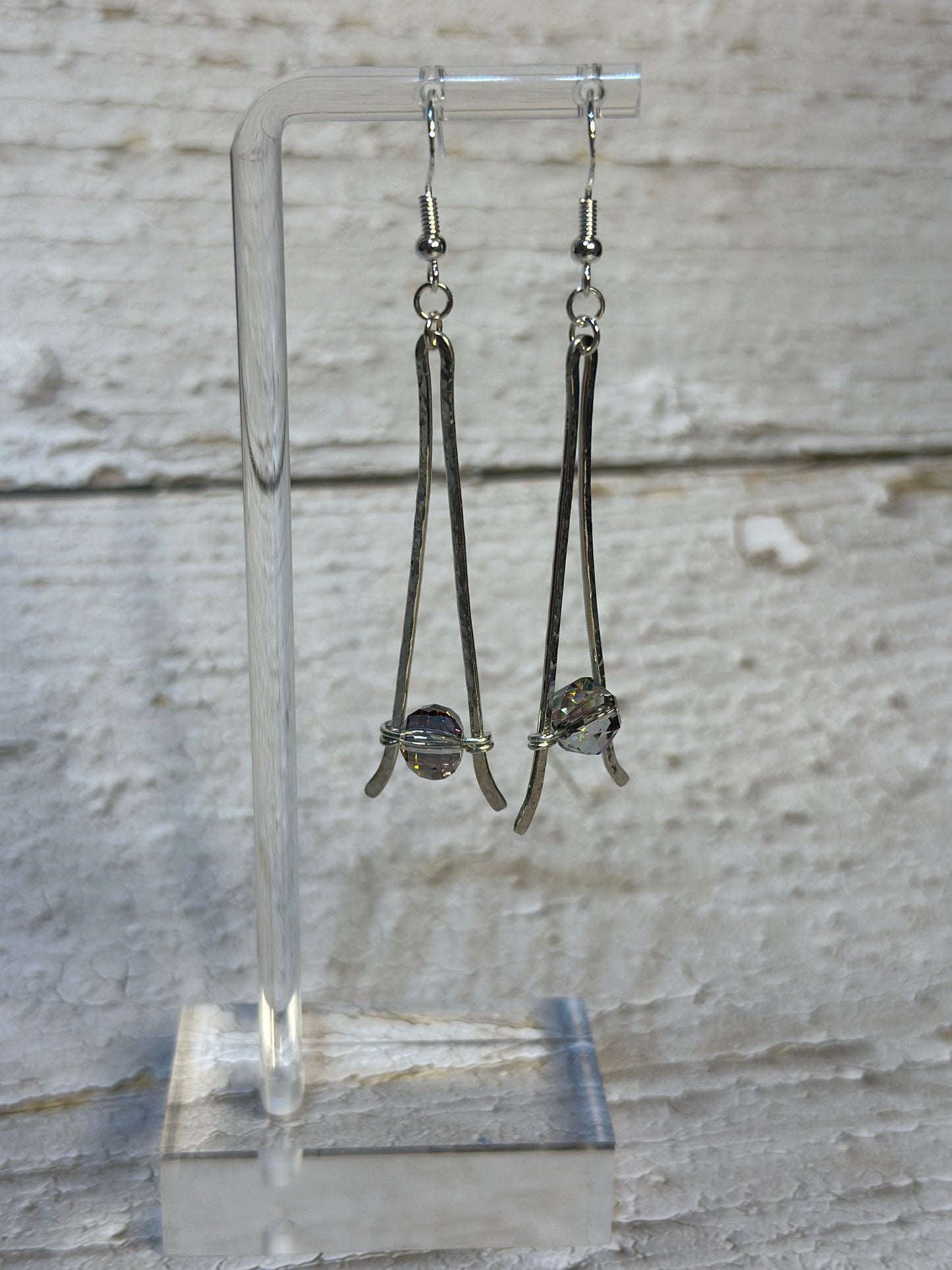 Glass Beaded Long Hammered Sterling Silver 925 Dangle Earrings