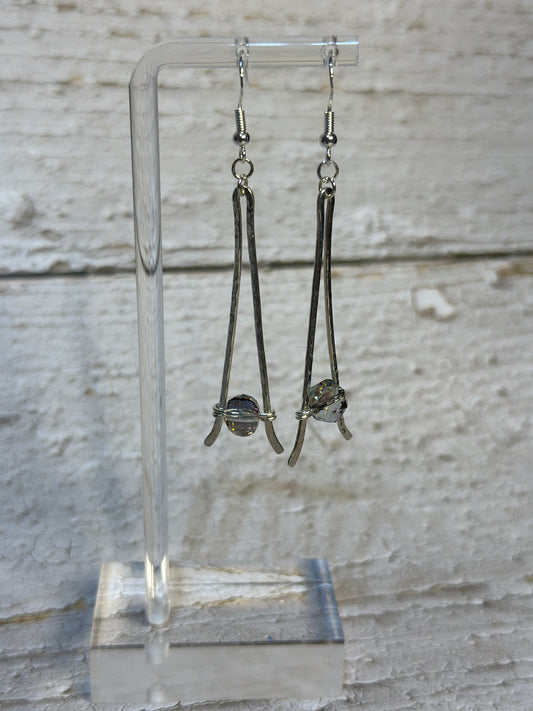 Glass Beaded Long Hammered Sterling Silver 925 Dangle Earrings